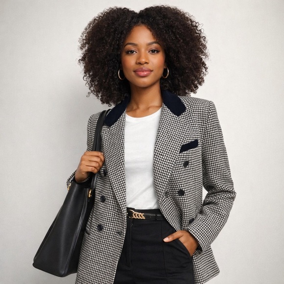 Vintage Jackets & Blazers - Vintage Womens Houndstooth Double Breasted Blazer Sz L Preppy Old Money Velvet